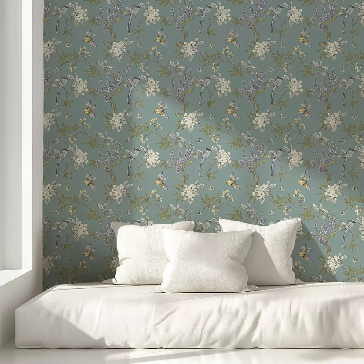 Papier peint Oiseaux, fleurs et papillons sur fond bleu-gris a00735