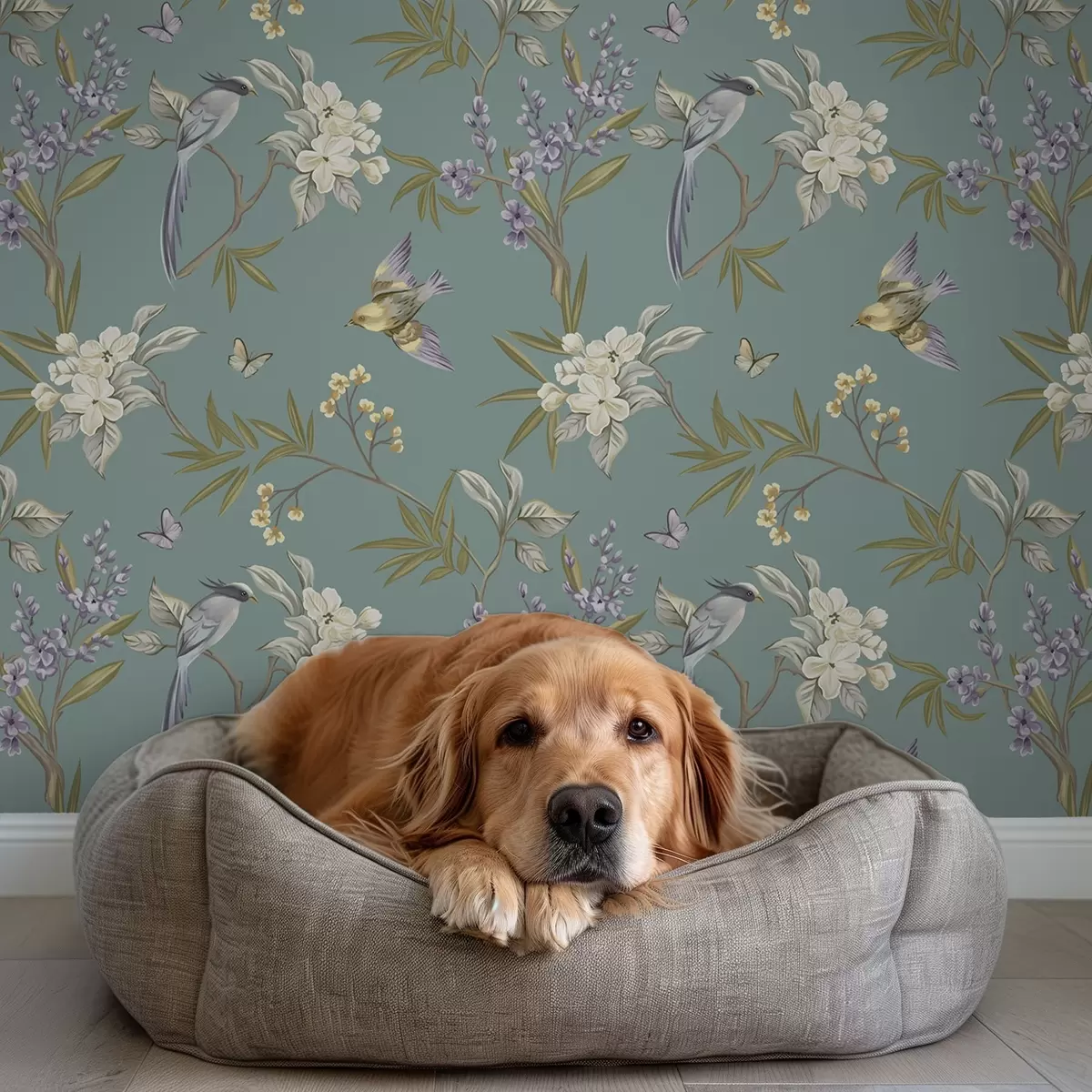 Papier peint Oiseaux, fleurs et papillons sur fond bleu-gris a00735