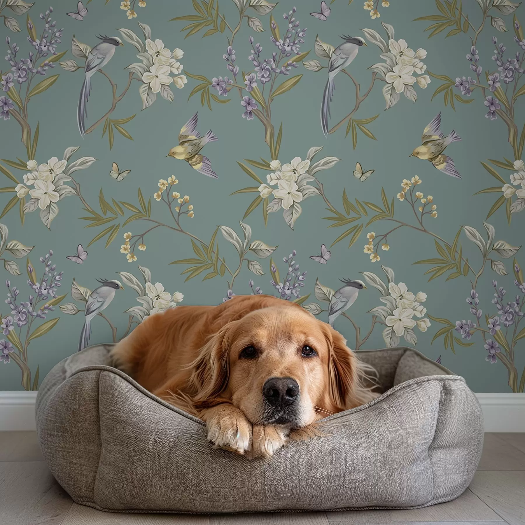 Papier peint Oiseaux, fleurs et papillons sur fond bleu-gris a00735