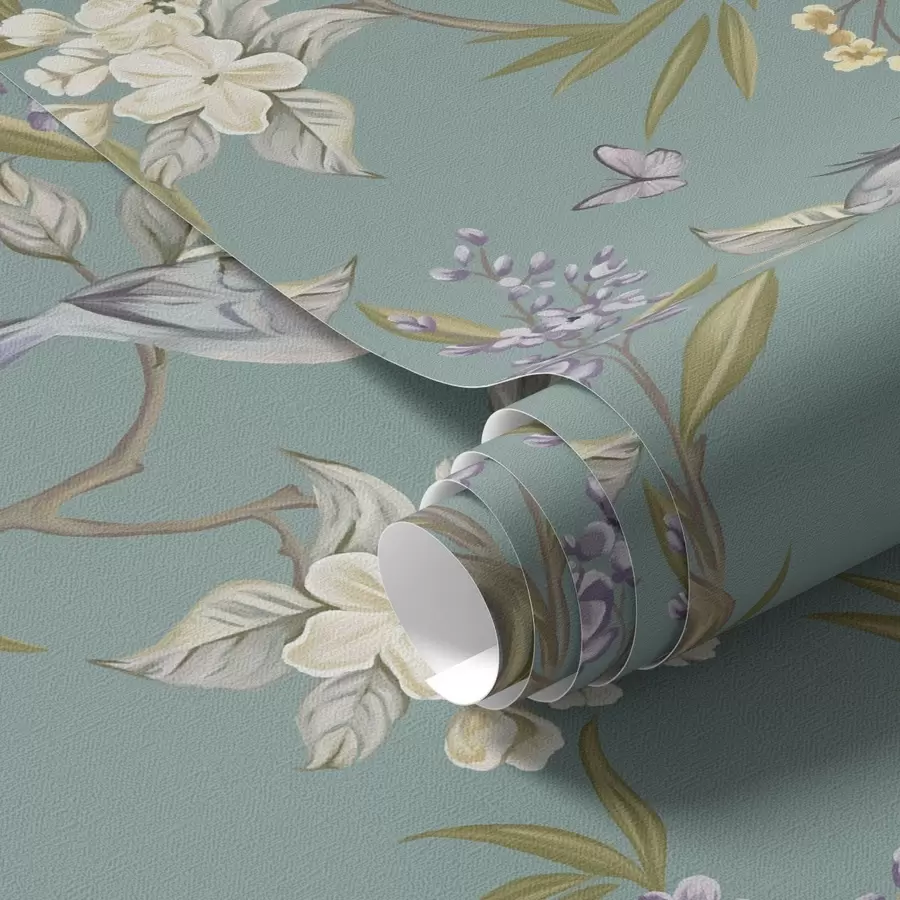 Papier peint Oiseaux, fleurs et papillons sur fond bleu-gris a00735