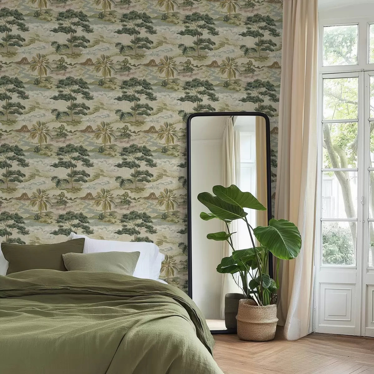 Papier peint Paysage avec rivière, arbres et palmiers dans des tons doux a00736