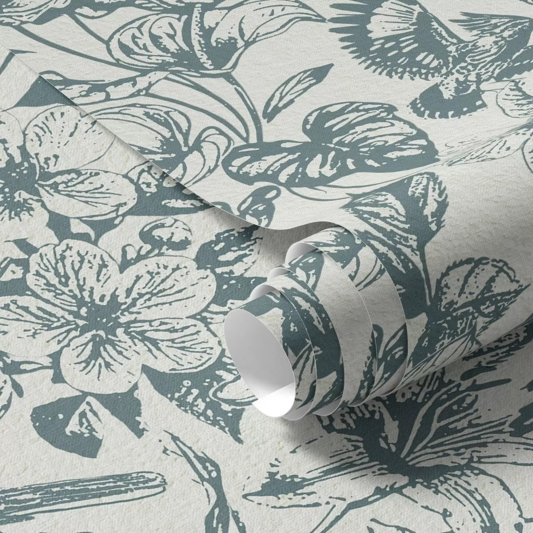 Papier peint Ornement floral monochrome avec des oiseaux a00737