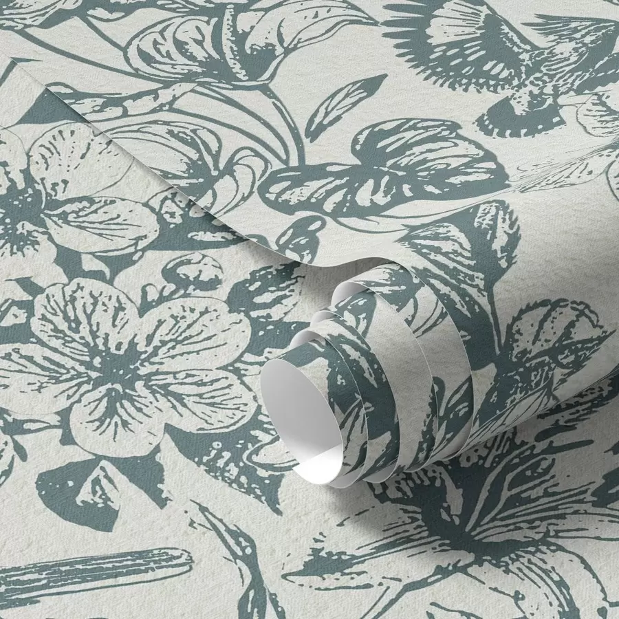 Papier peint Ornement floral monochrome avec des oiseaux a00737