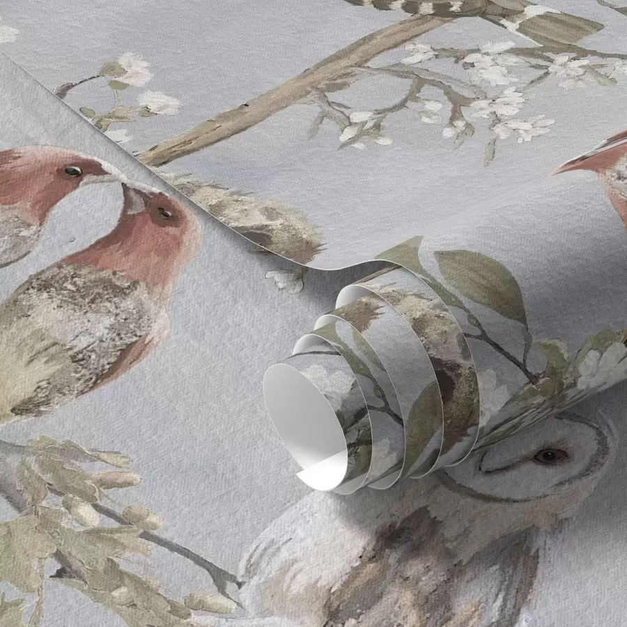Papier peint Oiseaux sur des branches avec des fleurs sur fond gris a00738