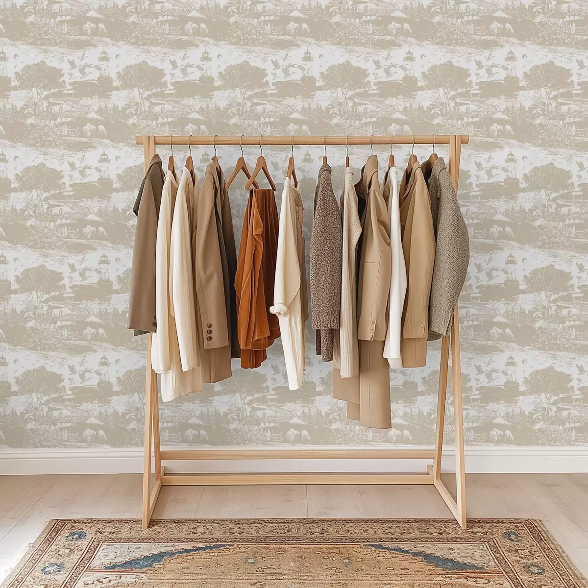 Papier peint Scène avec phare, arbres et maisons en terre de Sienne a00739