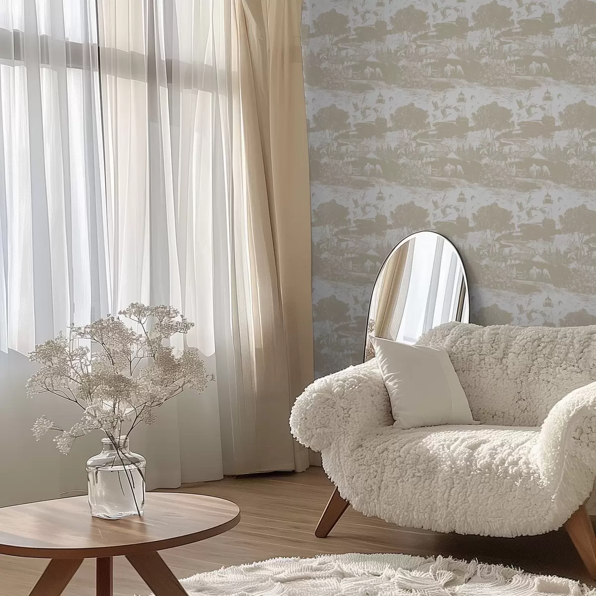 Papier peint Scène avec phare, arbres et maisons en terre de Sienne a00739