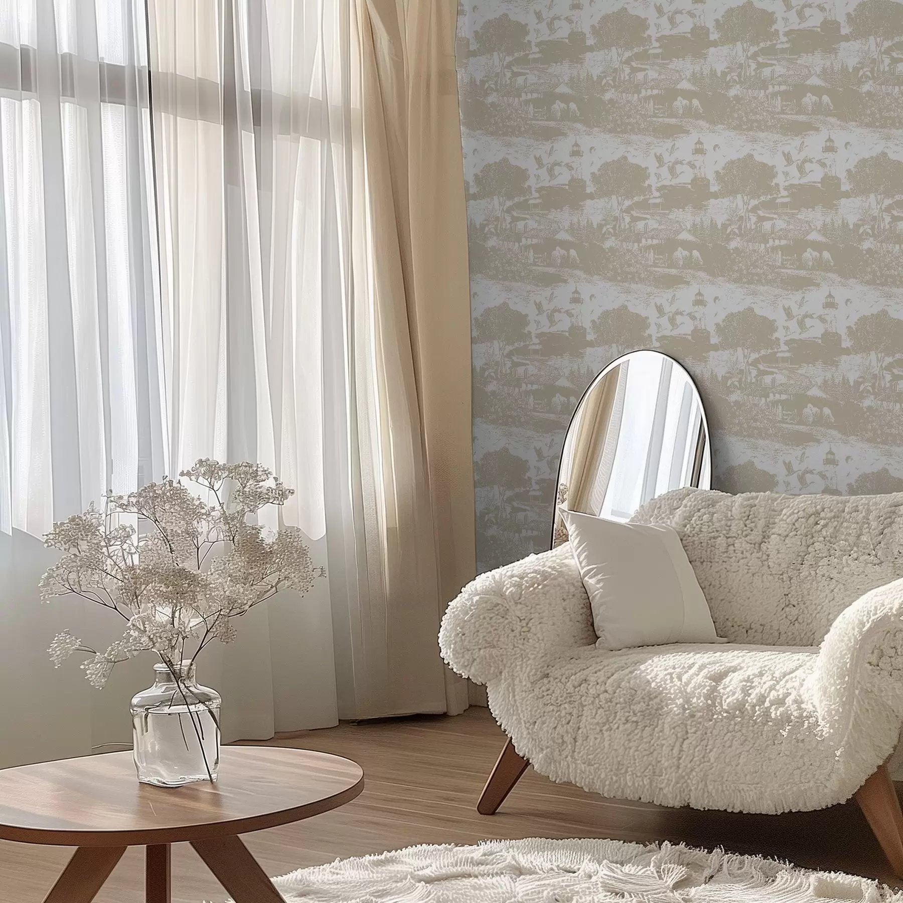 Papier peint Scène avec phare, arbres et maisons en terre de Sienne a00739