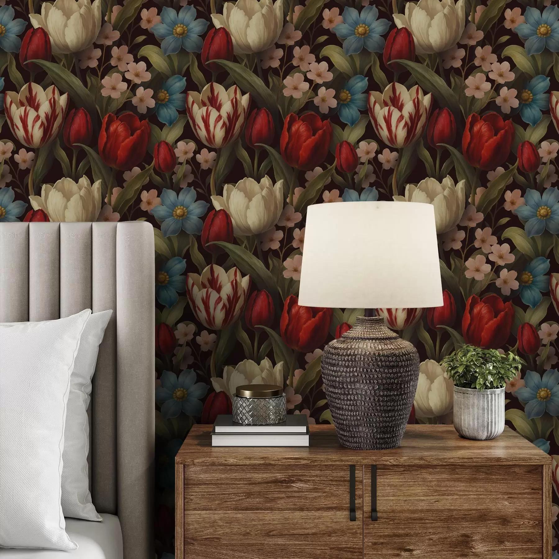 Papier peint Tulipes lumineuses et fleurs bleues sur fond sombre a00746