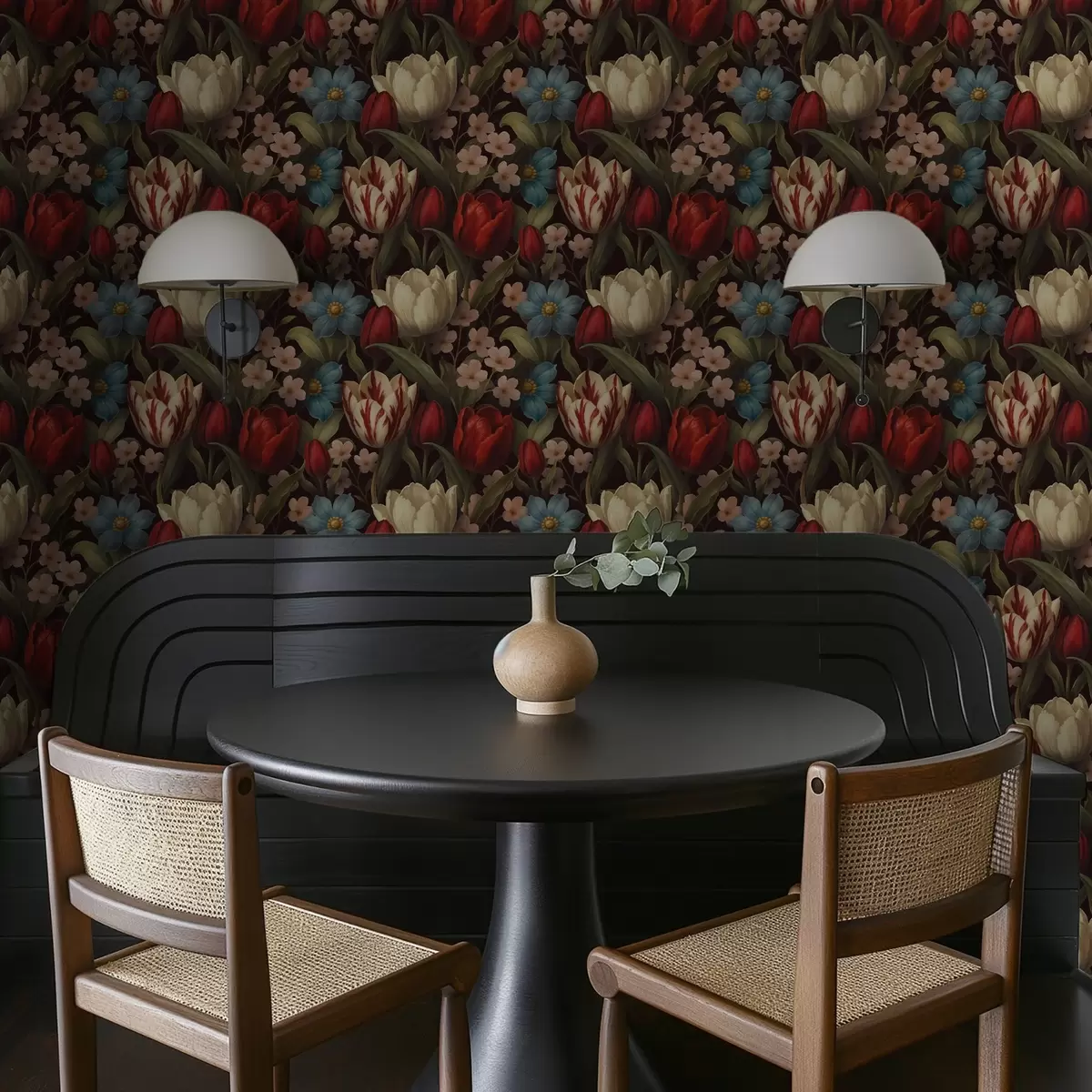 Papier peint Tulipes lumineuses et fleurs bleues sur fond sombre a00746