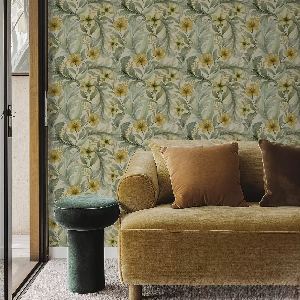 Papier peint Volutes d'acanthe avec fleurs dans les tons verts et jaunes a00749