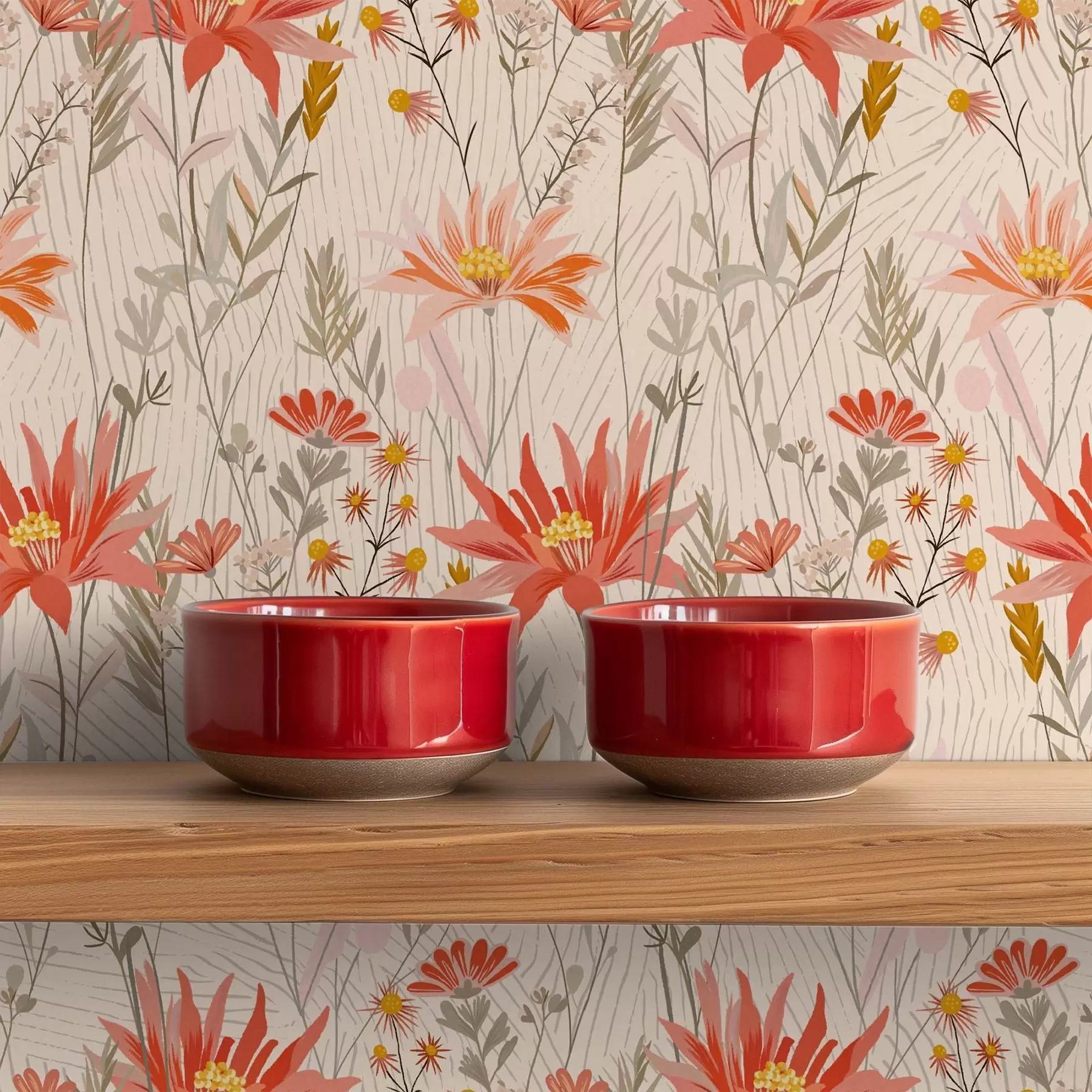 Papier peint Fleurs sauvages aux tons chauds sur fond beige a00751