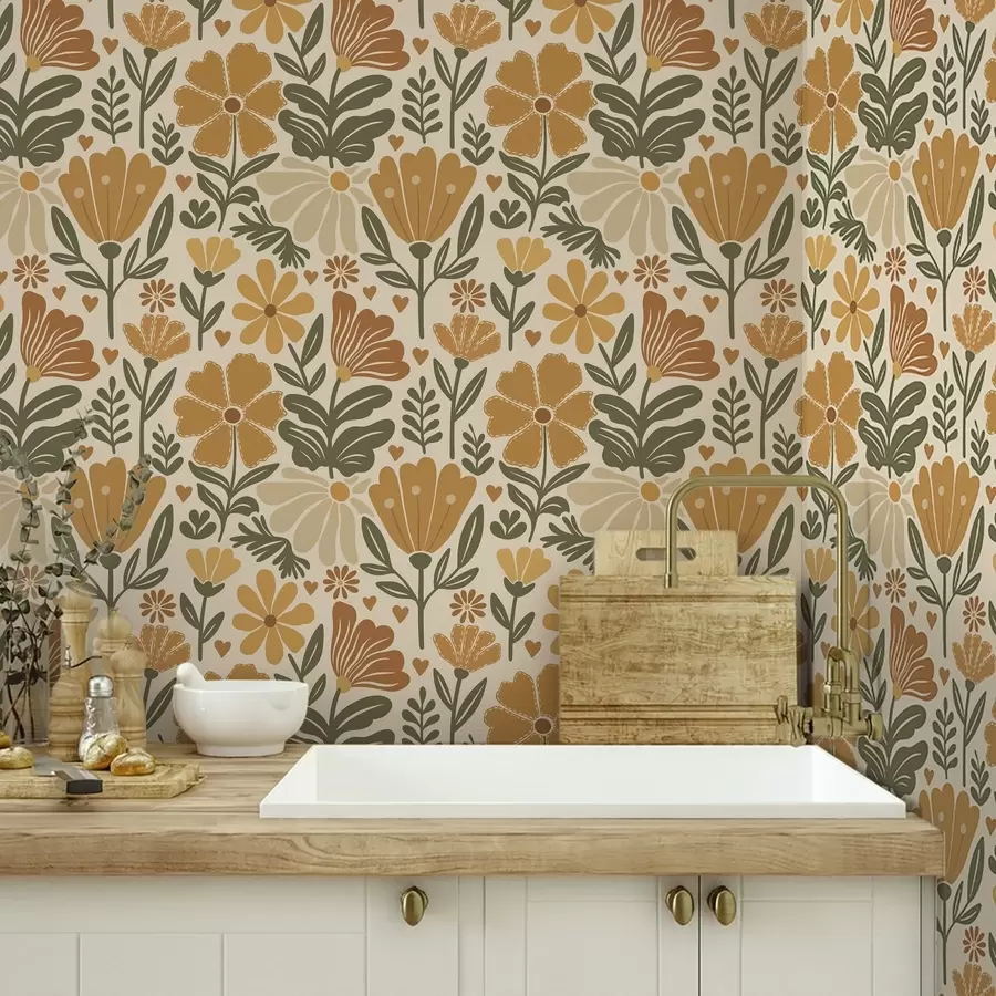 Papier peint Fleurs stylisées dans des tons chauds avec des cœurs a00752