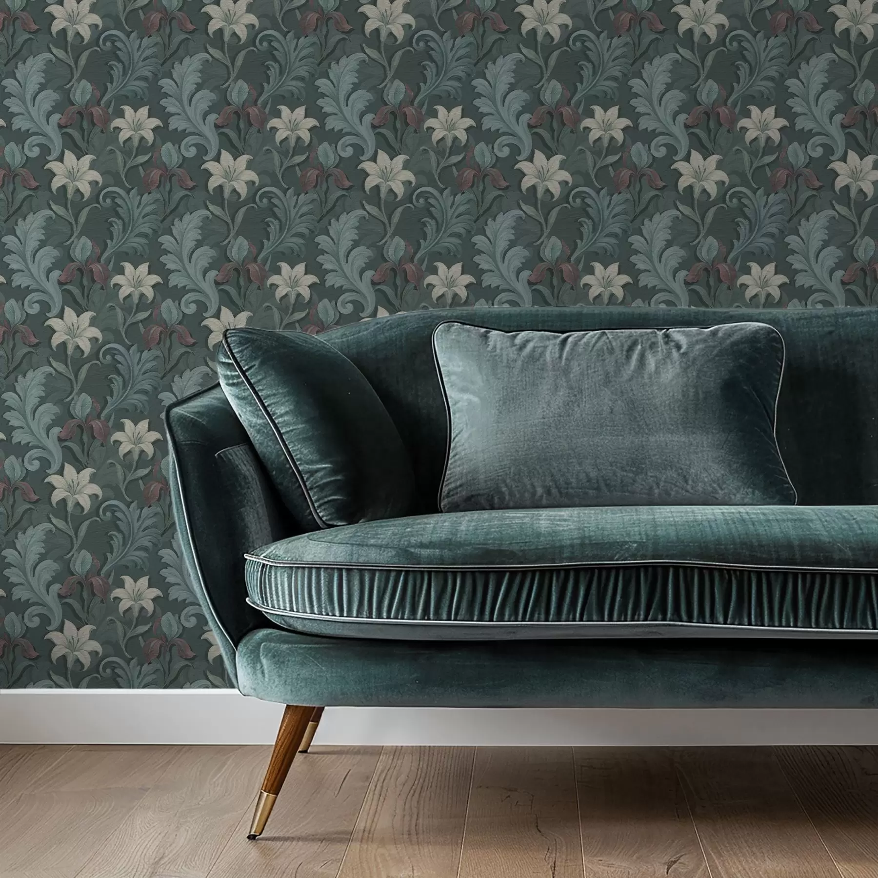 Papier peint Fond vert foncé avec des iris et des feuilles décoratives a00755