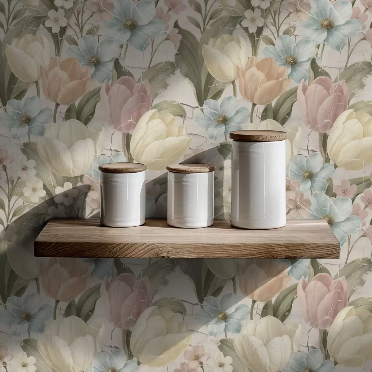 Papier peint Tulipes et fleurs pastel sur fond clair craquelé a00756