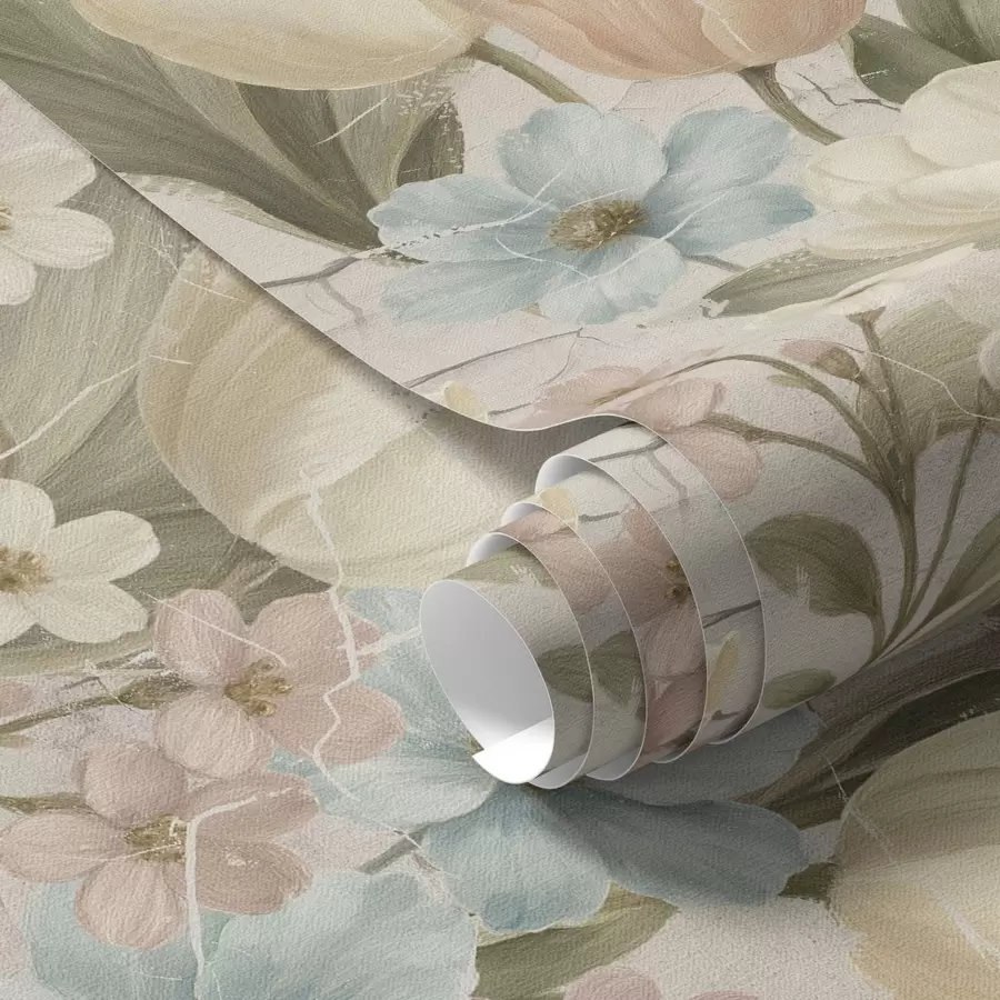 Papier peint Tulipes et fleurs pastel sur fond clair craquelé a00756
