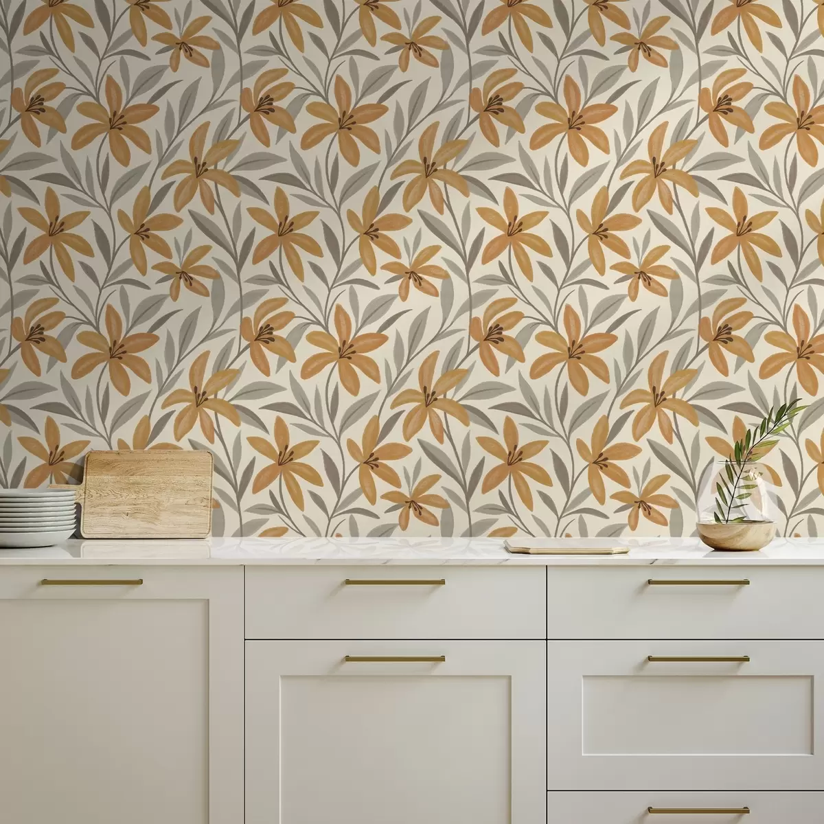 Papier peint Lys jaunes et feuilles gris-vert sur fond clair a00757