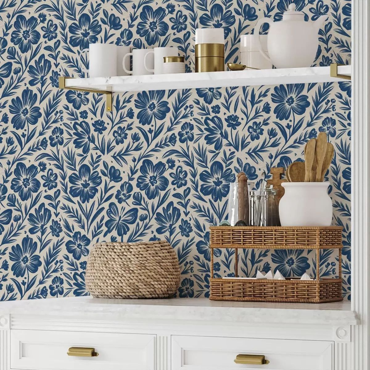 Papier peint Ornement floral bleu avec papillons a00758