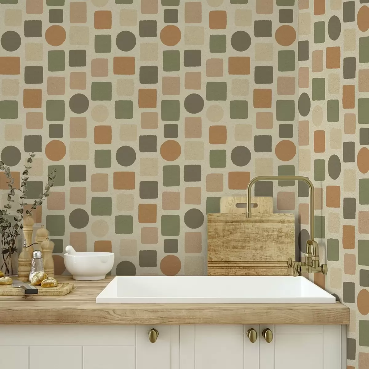 Papier peint Motif géométrique composé de carrés et de cercles dans des tons chauds a00759