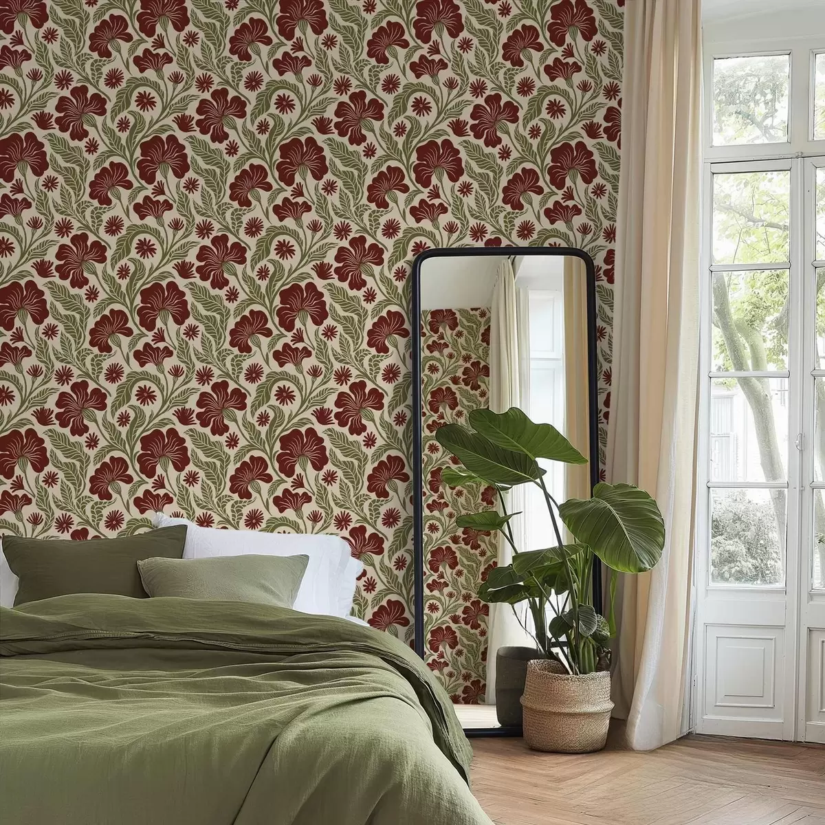 Papier peint Fleurs bordeaux avec feuilles vertes sur fond clair a00761