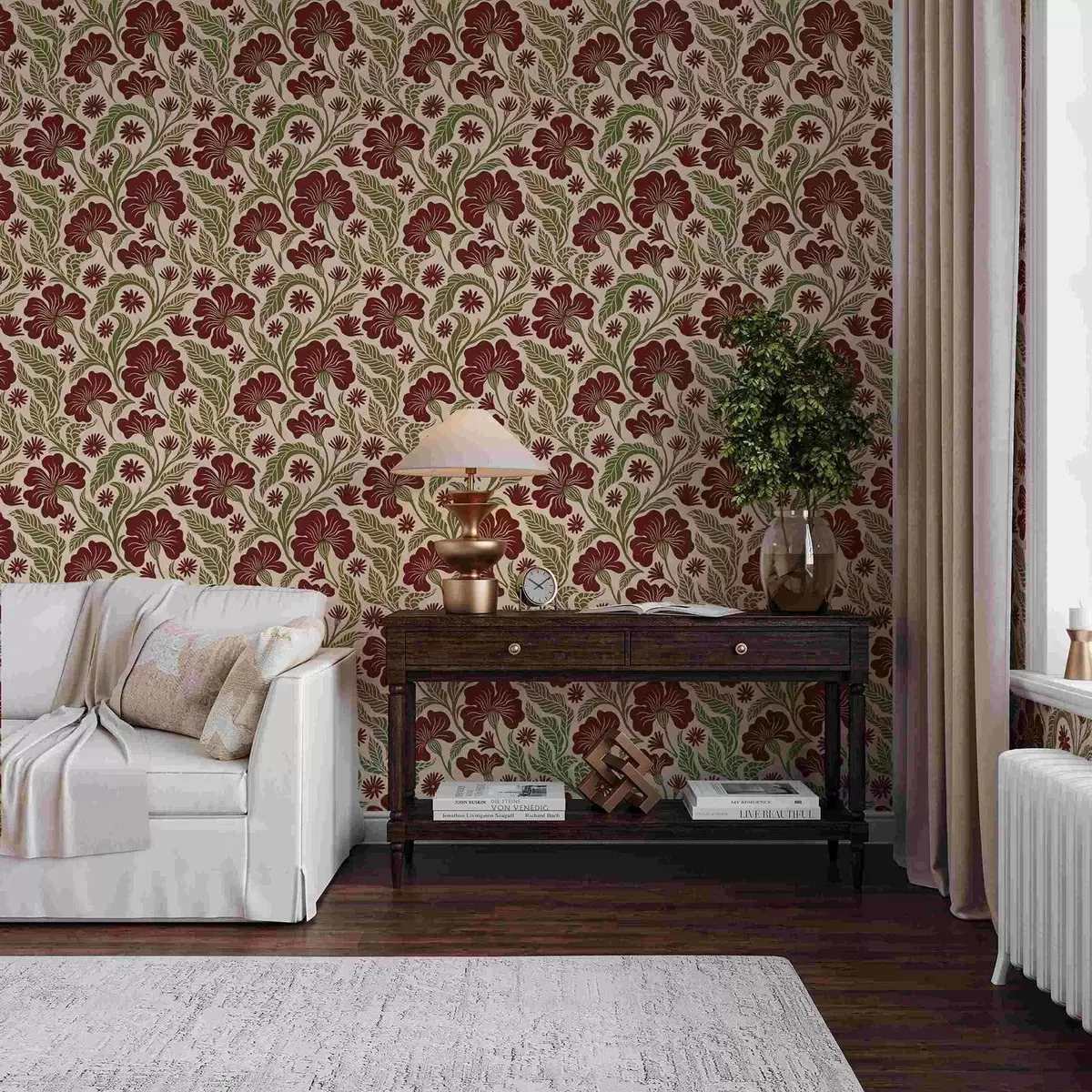 Papier peint Fleurs bordeaux avec feuilles vertes sur fond clair a00761