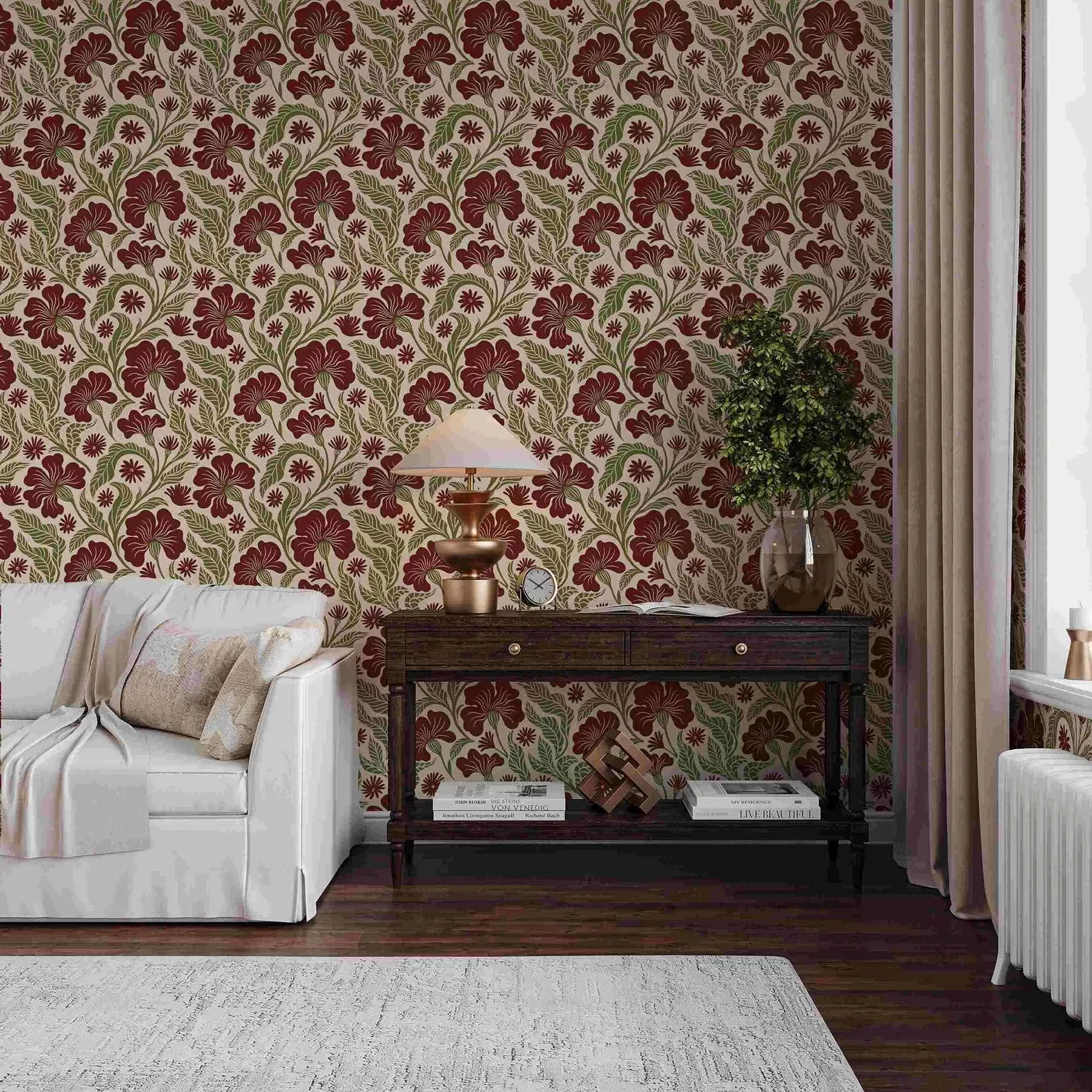 Papier peint Fleurs bordeaux avec feuilles vertes sur fond clair a00761