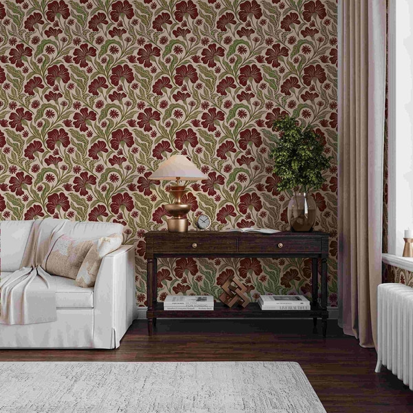 Papiers peints Fleurs bordeaux avec feuilles vertes sur fond clair, Papiers peints intissé floraux, a00761 : Uwalls.fr