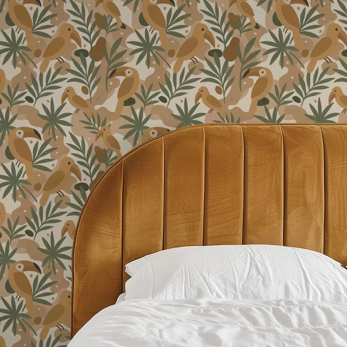 Papier peint Toucans stylisés parmi les feuilles de palmier a00762