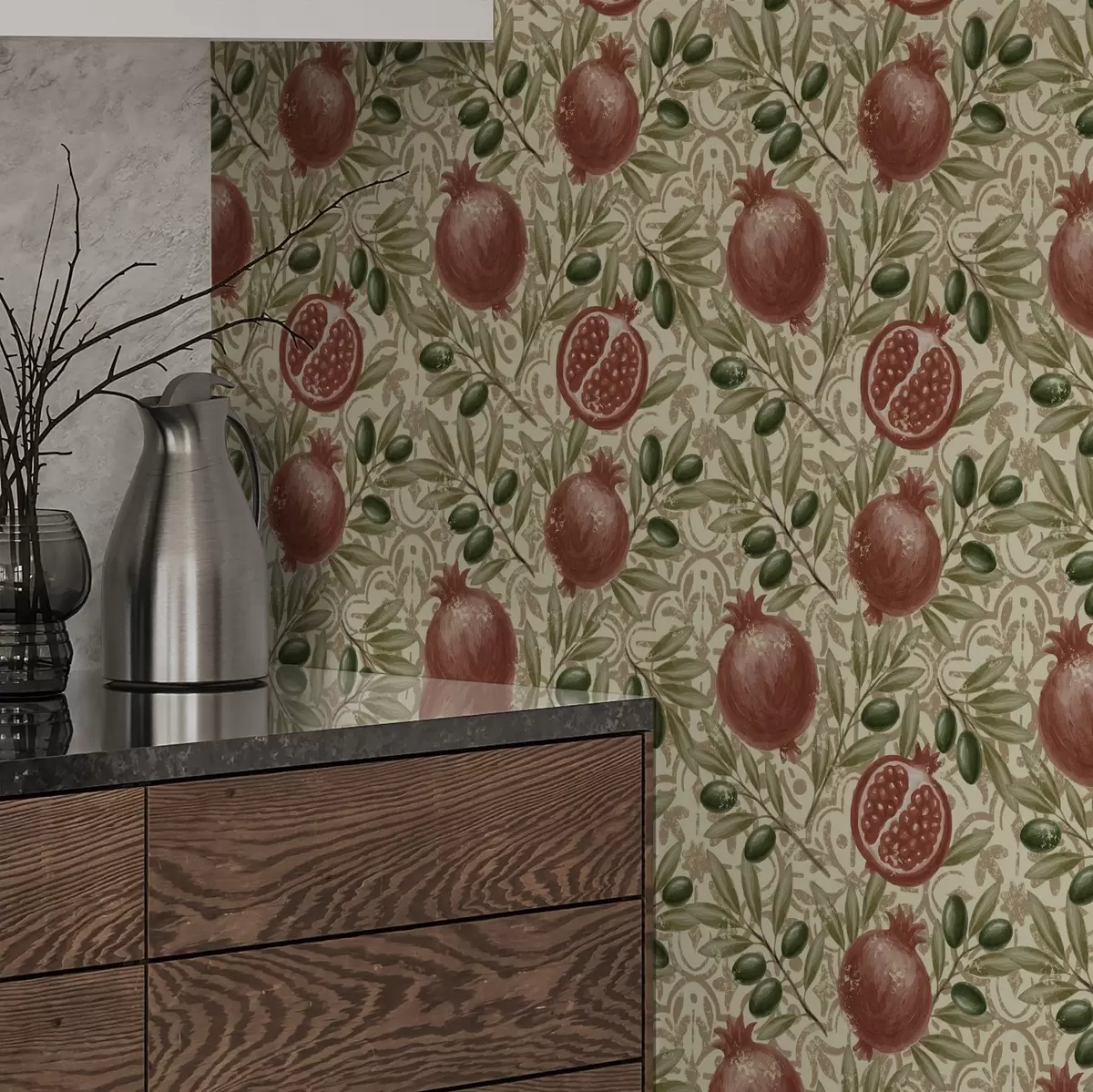 Papier peint Branches de grenadier et d'olivier sur fond décoratif a00764