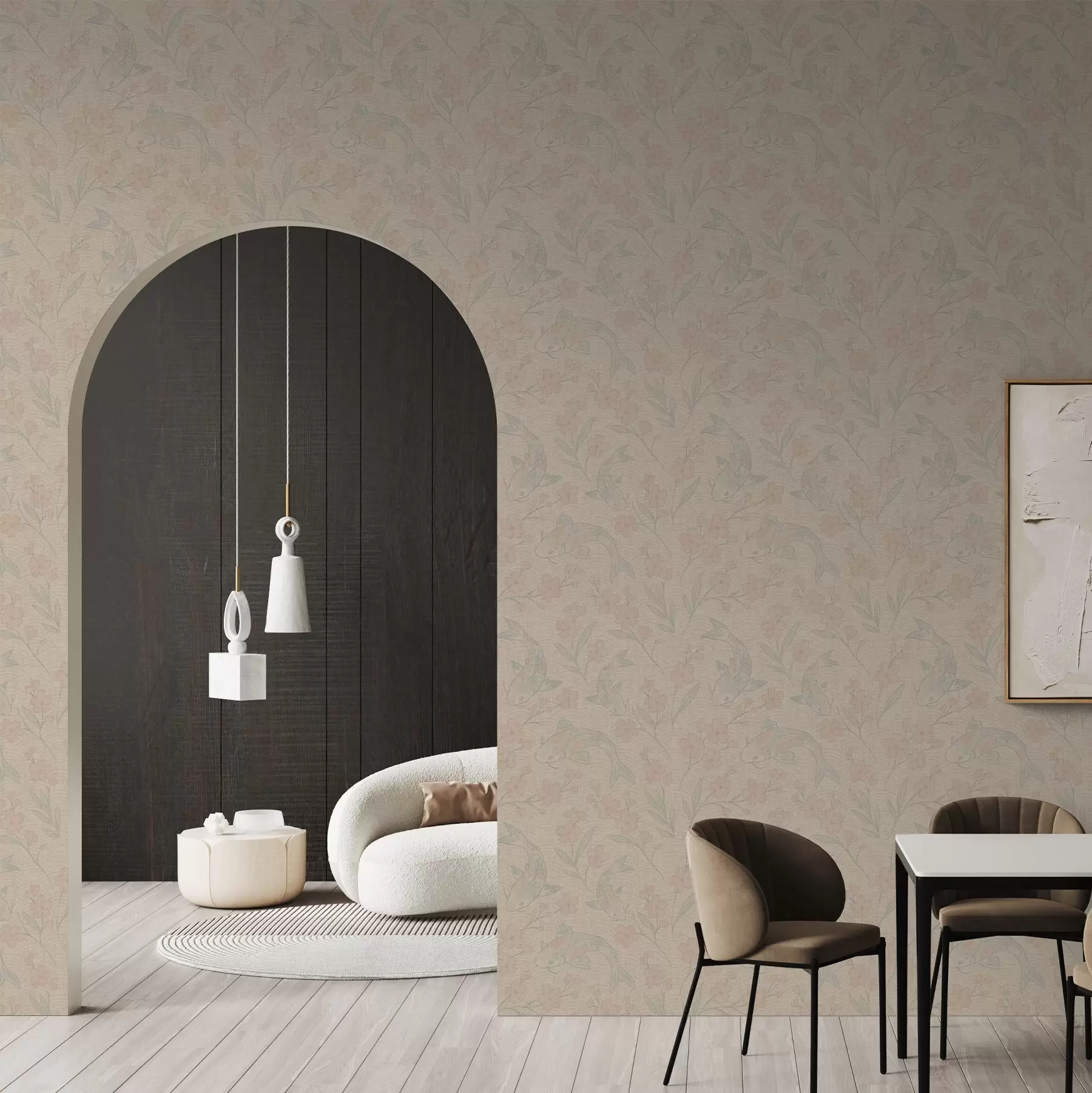 Papier peint Carpes parmi les fleurs dans des tons doux beige-rose a00766