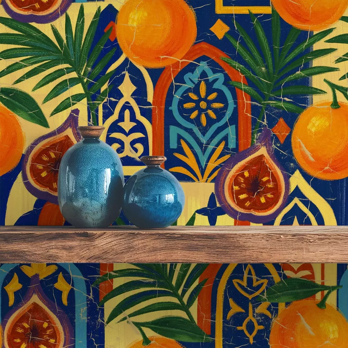 Papier peint Oranges vives, feuilles de palmier et arches marocaines a00767