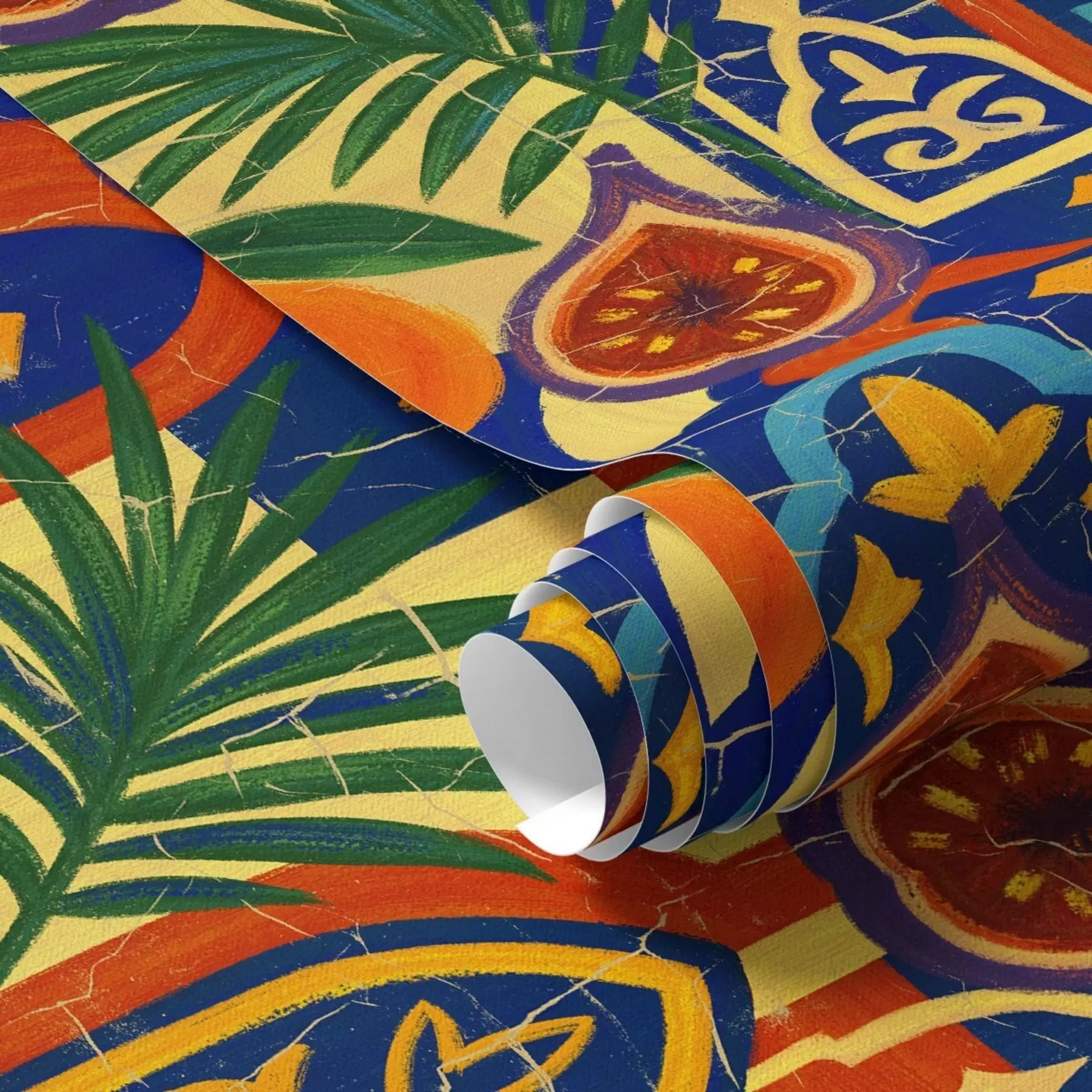 Papier peint Oranges vives, feuilles de palmier et arches marocaines a00767