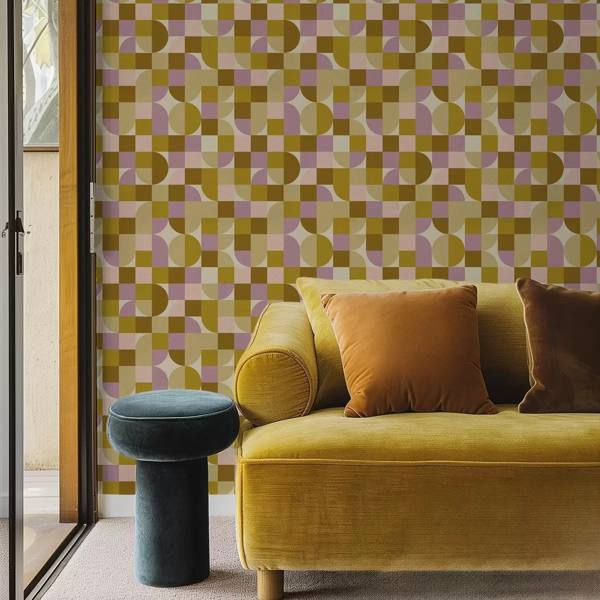 Papier peint Géométrie modulaire dans les tons rose et moutarde a00770v1