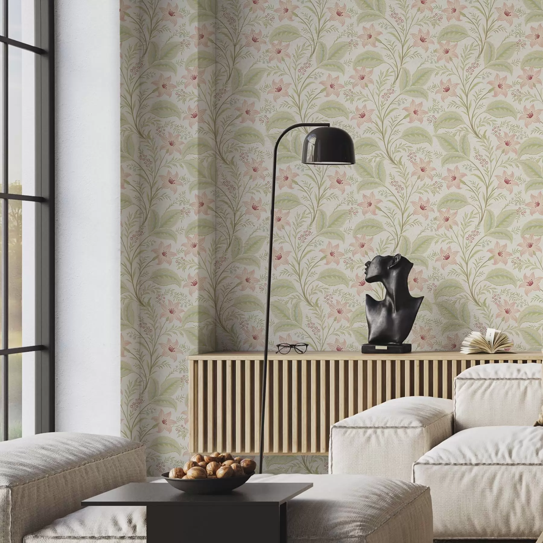 Papier peint Fleurs et feuilles délicates aux tons pastel a00771