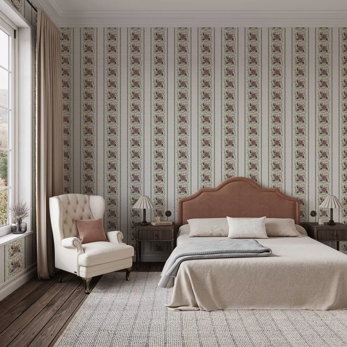 Papier peint Rayures florales verticales dans les tons bleu lilas a00809