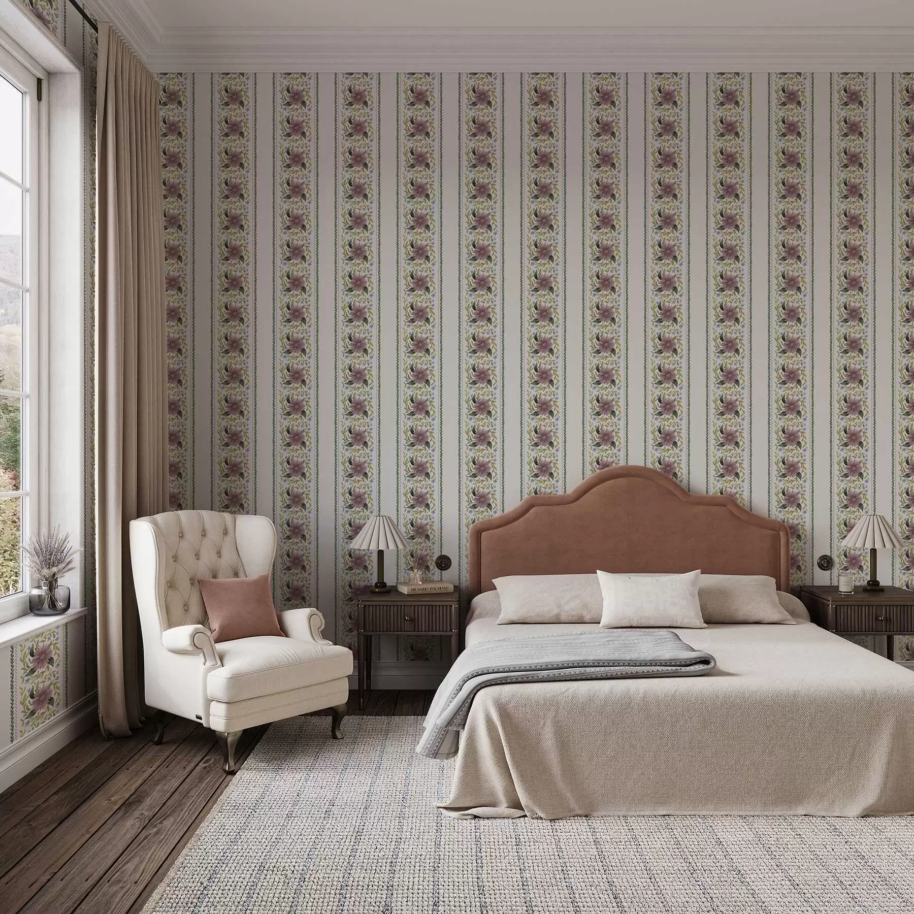 Papier peint Rayures florales verticales dans les tons bleu lilas a00809