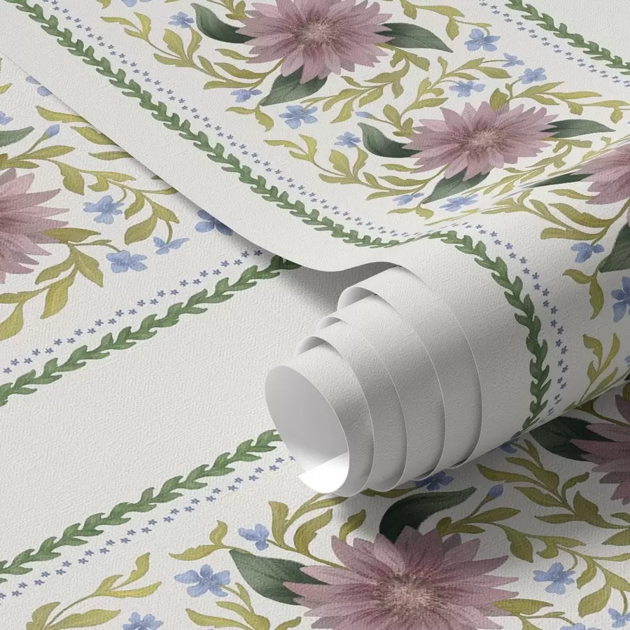 Papier peint Rayures florales verticales dans les tons bleu lilas a00809