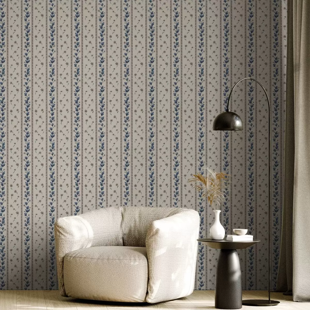 Papier peint Rayures florales verticales dans les tons bleu-marron a00811v3
