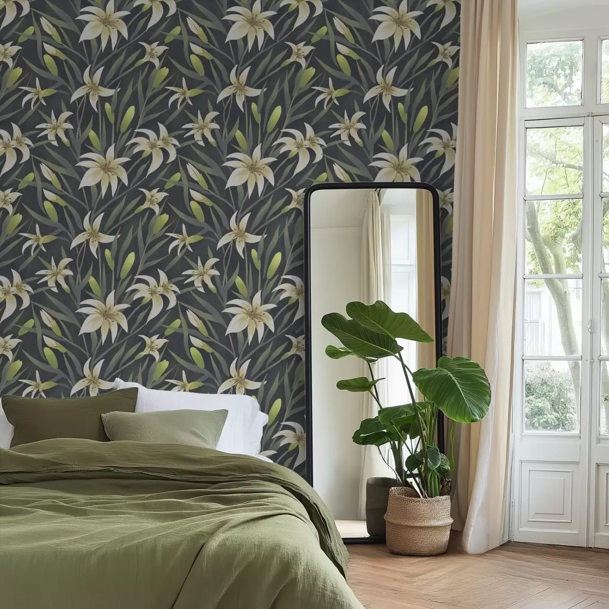 Papier peint Lys crème avec feuilles sur fond sombre a00837v1