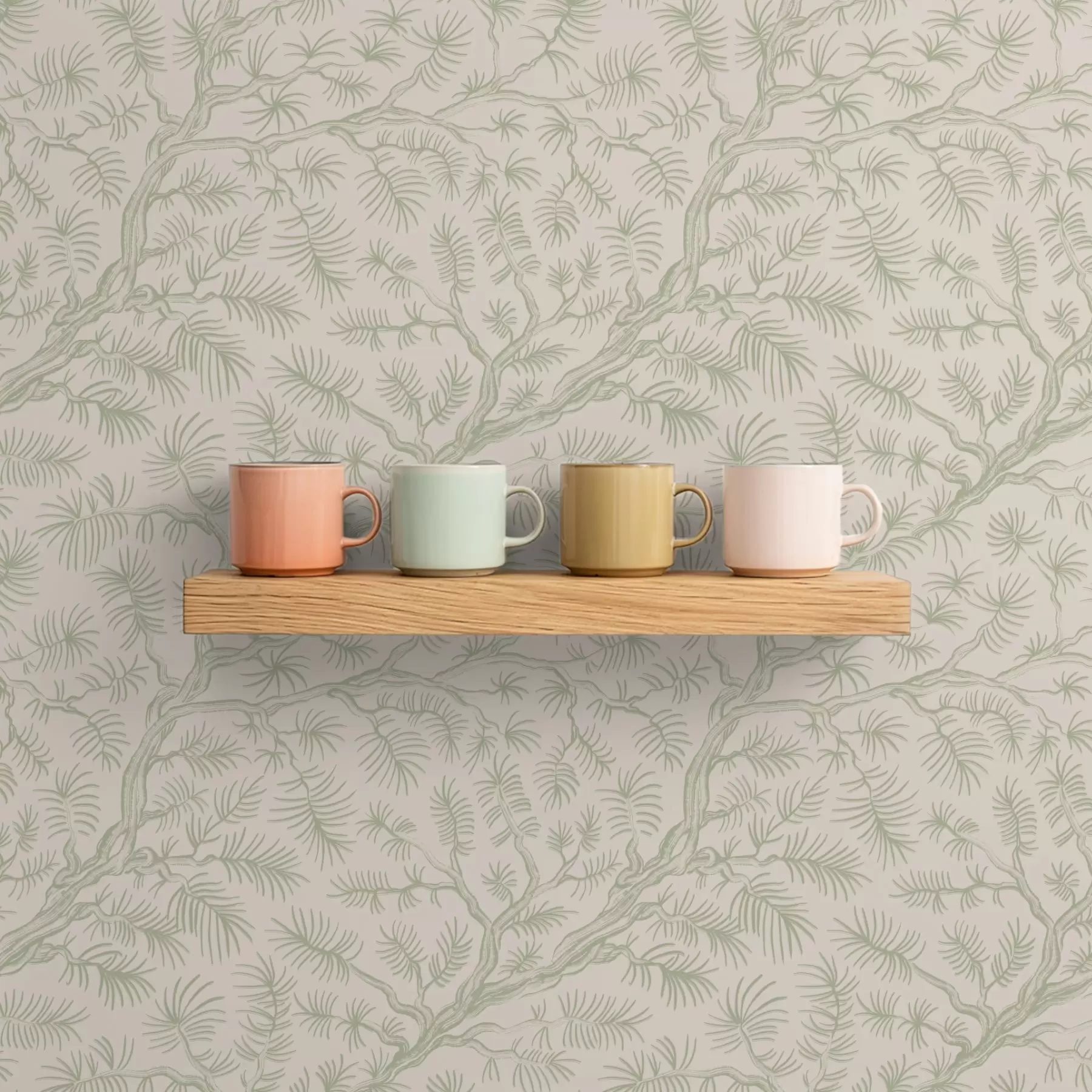 Papier peint Branches de pin dans des tons vert clair sur fond beige a00838v1
