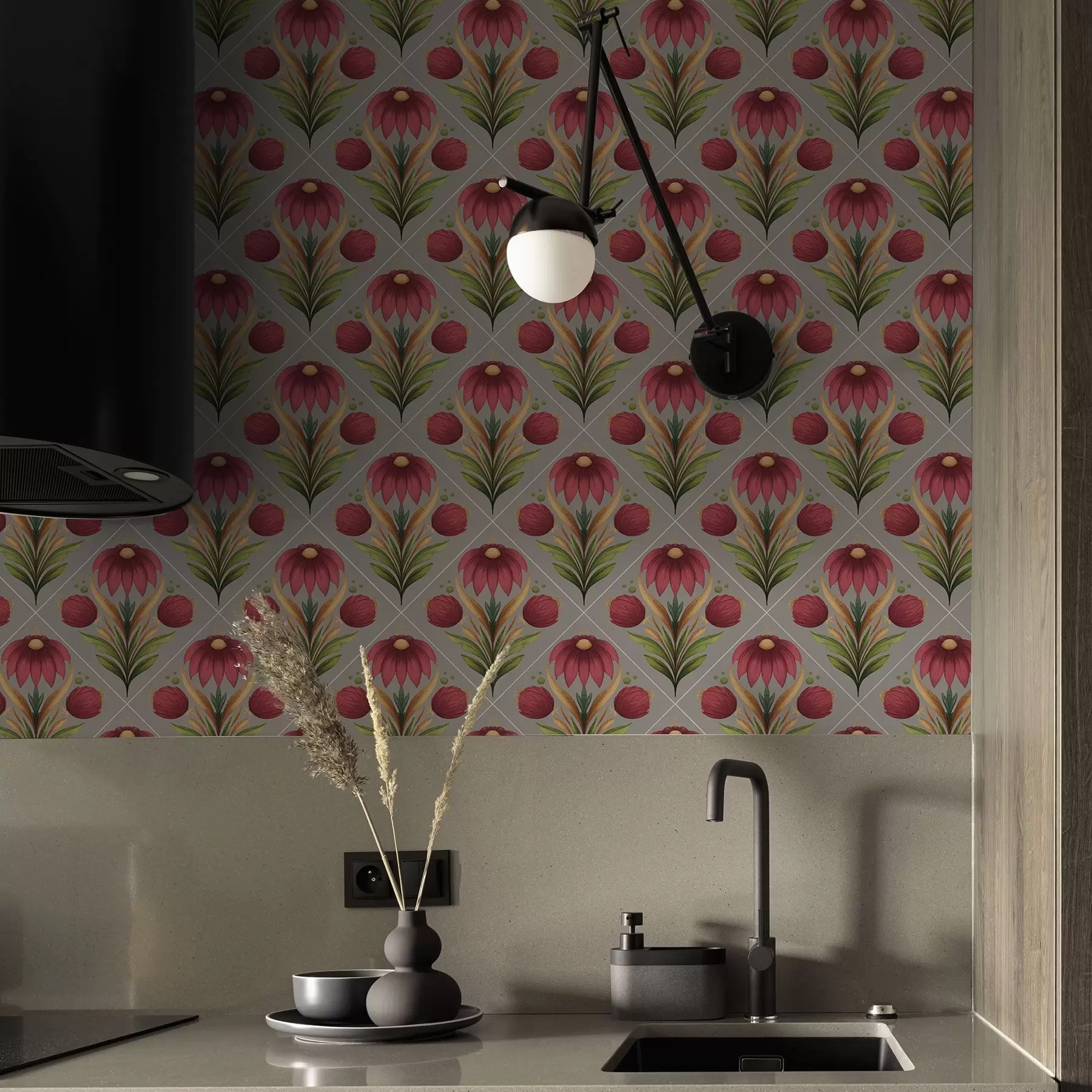 Papier peint Ornement floral symétrique sur fond gris avec diagonales a00869