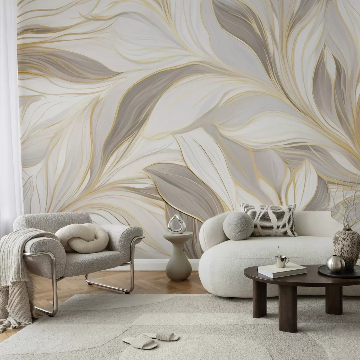 Papier peint Feuilles aux courbes douces dans des tons beige clair-gris w04609