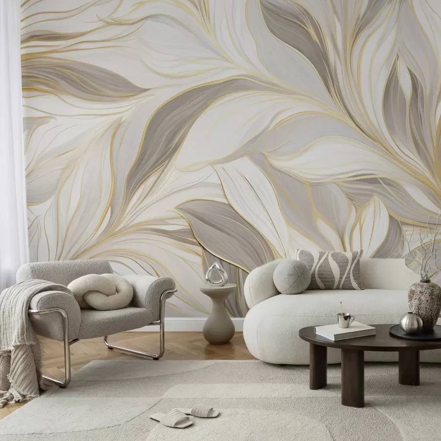 Papier peint Feuilles aux courbes douces dans des tons beige clair-gris w04609
