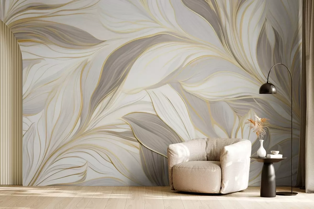Papier peint Feuilles aux courbes douces dans des tons beige clair-gris w04609