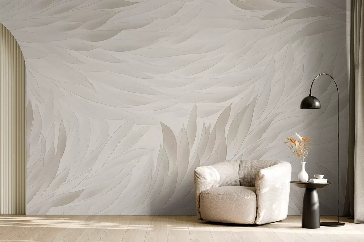 Papier peint Feuilles ondulées dans des tons crème doux w04610