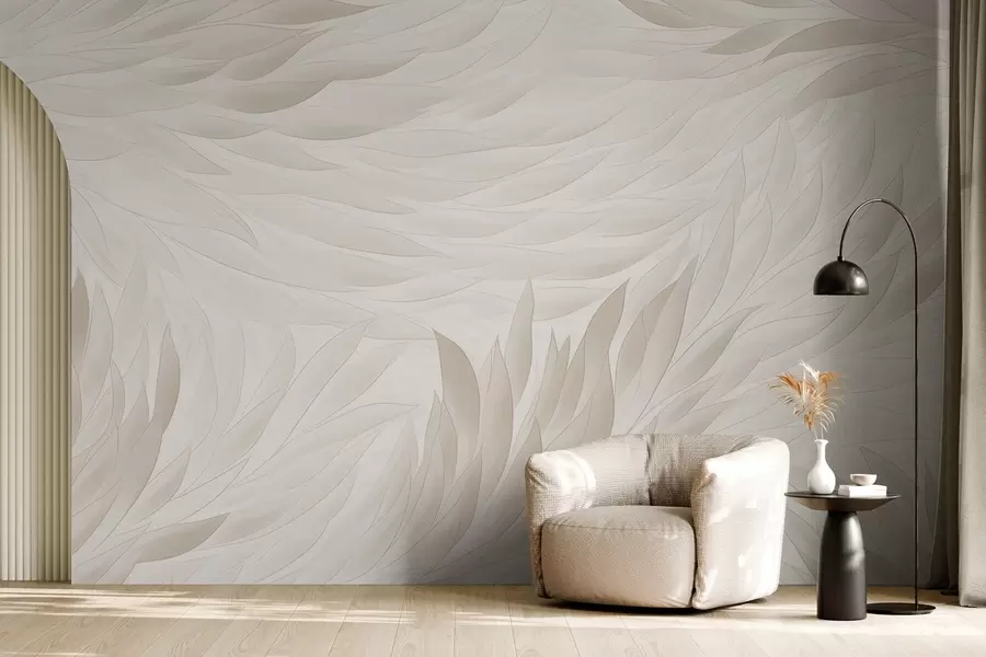 Papier peint Feuilles ondulées dans des tons crème doux w04610