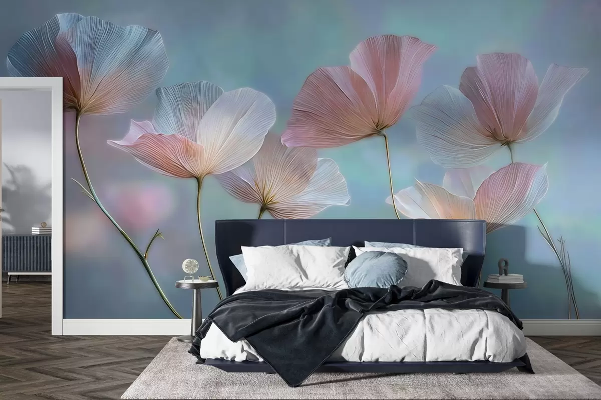 Papier peint Pétales transparents dans des tons pastel rose et bleu w04621