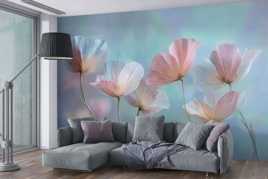 Papier peint Pétales transparents dans des tons pastel rose et bleu w04621
