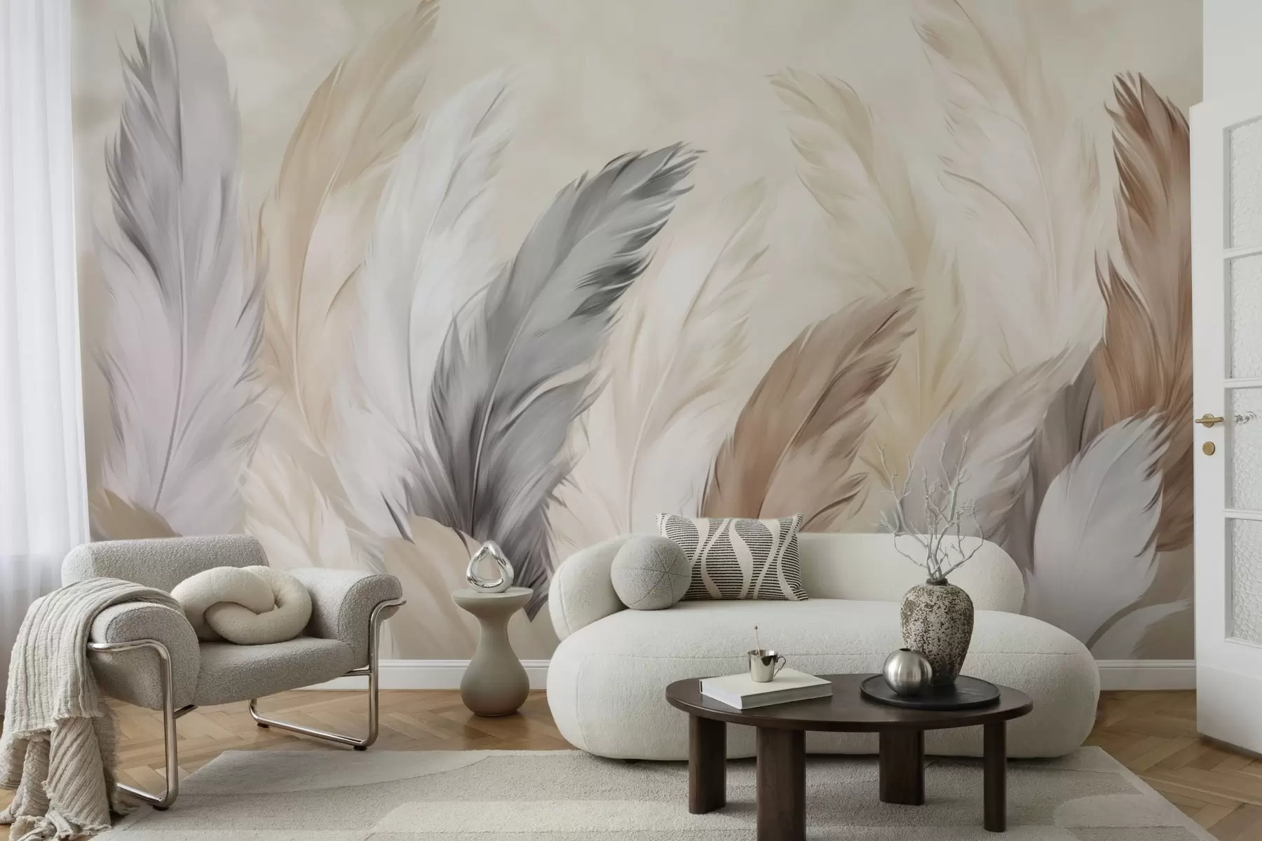 Papier peint Plumes douces et moelleuses dans une palette neutre et chaleureuse w04736