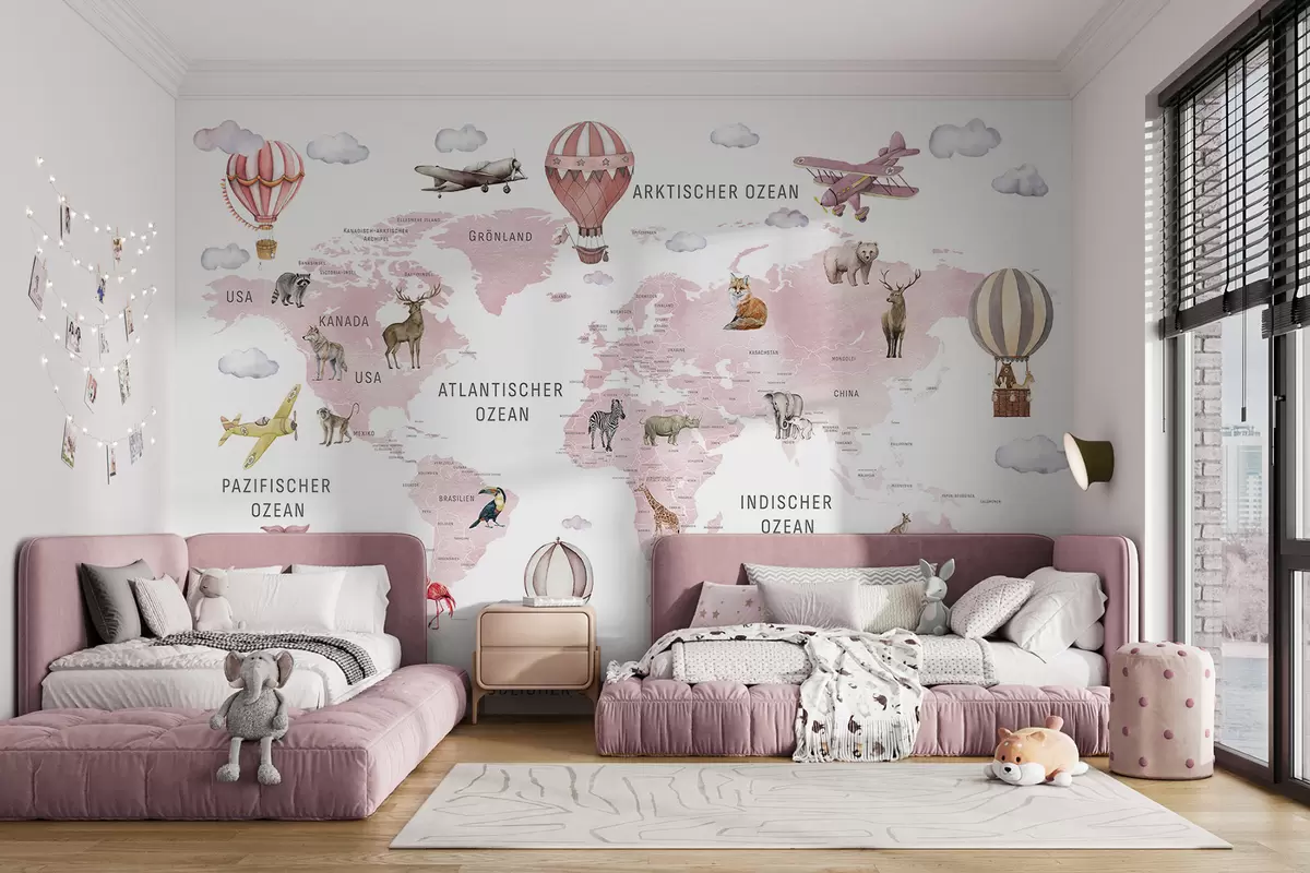 Papier peint Carte pour enfants au style aquarelle avec des animaux et des montgolfières. En allemand. Couleur rose. c00001dev3