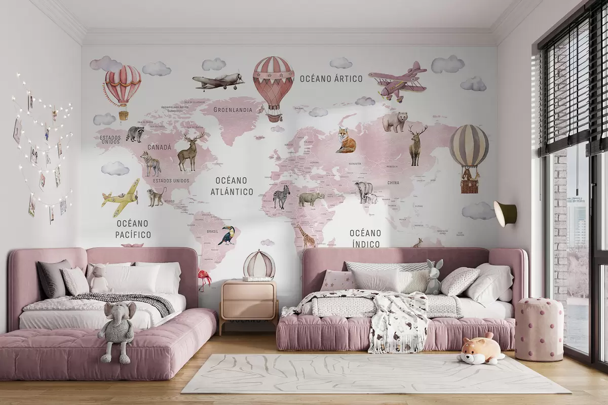 Papier peint Carte pour enfants au style aquarelle avec des animaux et des montgolfières. En espagnol. Couleur rose. c00001esv3